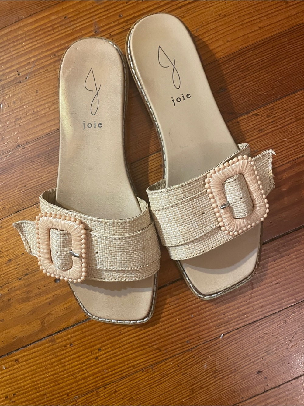 Joie Neutral Raffia Slide Sandals with Beaded Buckle